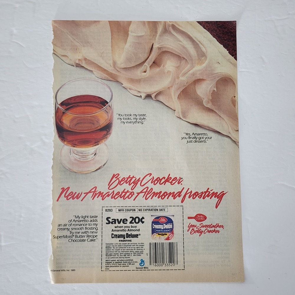 Vintage 1985 Betty Crocker Amaretto Almond Frosting Print Ad Original 8x11